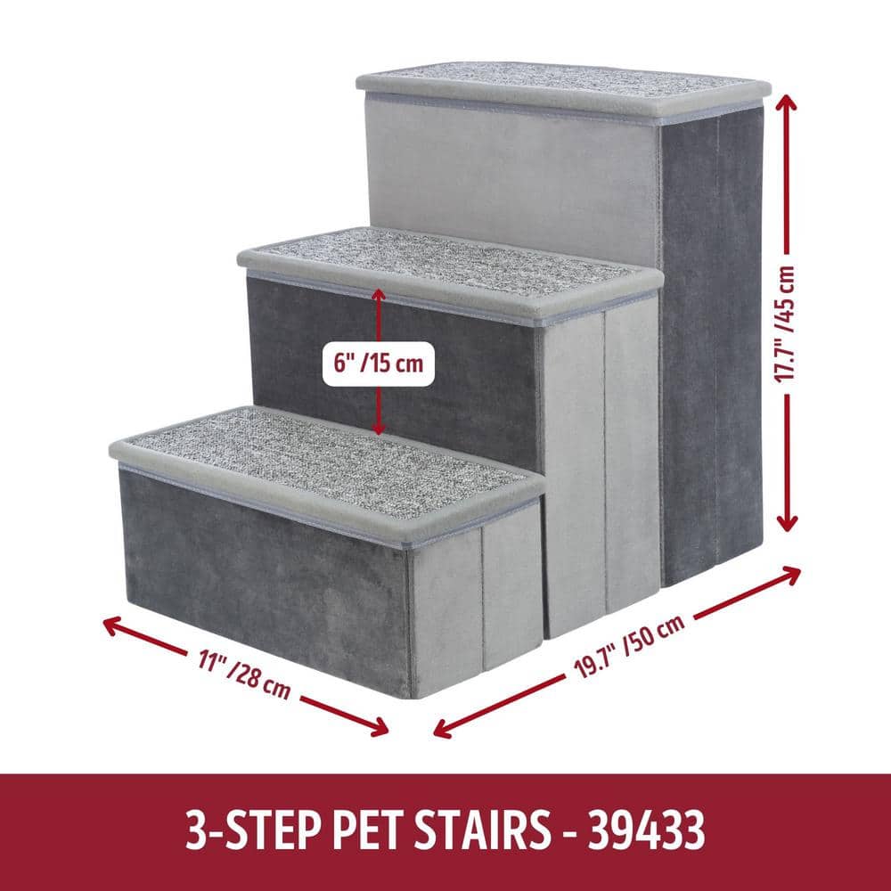 Gray Velour 3-Step Pet Stairs with Storage Compartments