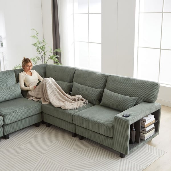 102.75 x 102.75 in. L-Shaped Modular Corduroy 5-Seat Convertible Sectional Sofa in Green with Arm Storage, Cup Holder