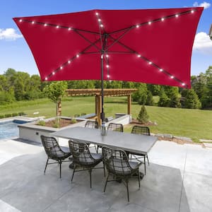 Solar LED 10 ft. x 6.5 ft. Aluminum Patio Rectangle Market Umbrella in Red with Push-Button Tilt