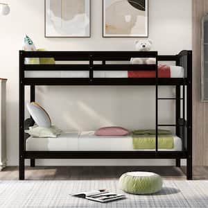 Espresso Twin Over Twin Kids Bunk Bed with Ladder, Twin Size Solid Wood Bunk Bed Frame with Ladder and Guardrails