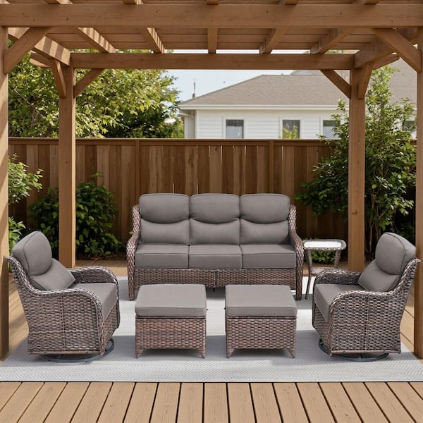 Arcadia Brown 6-Piece Wicker Patio Conversation Set with Coffee Table and 6 in. Thick Olefin Gray Cushions
