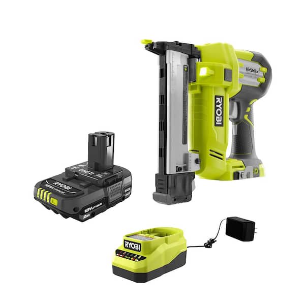 RYOBI ONE+ 18V AirStrike 18-Gauge Cordless Narrow Crown Stapler and 2.0 Ah Compact Battery and Charger Starter Kit