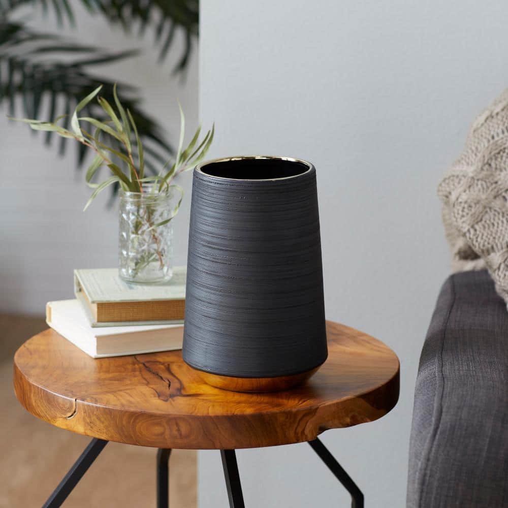 Matte Black Porcelain Vase with Gold Trim Accents 9"x12"
