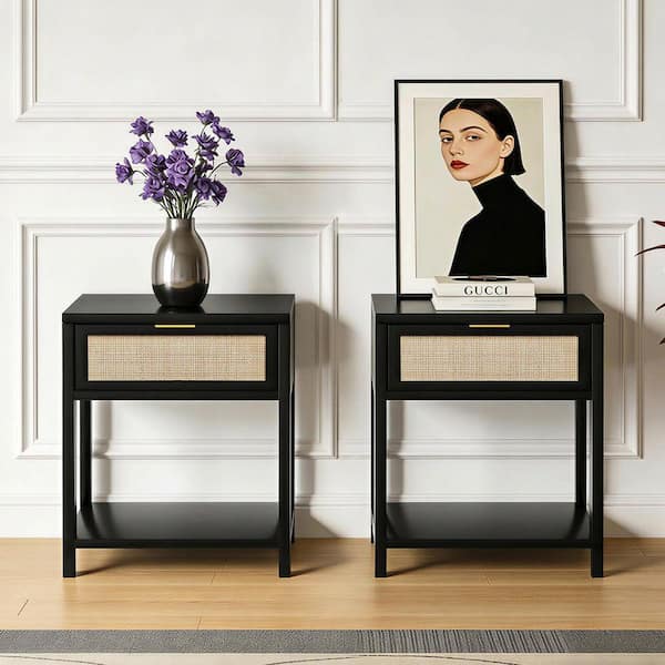 Aupodin 1-Drawer Black Nightstand Mid Century End Table W/Open