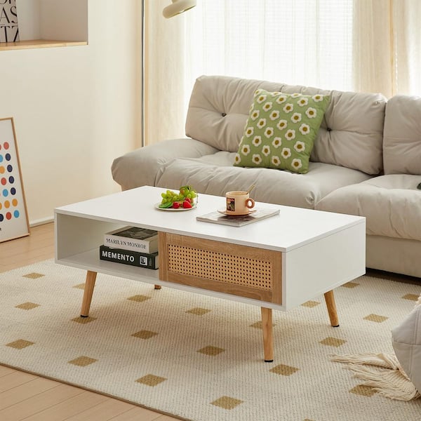 Zeus & Ruta 41.34 in. Rattan Coffee Table in White with Sliding Door for Storage, Solid Wood Legs, Modern Table For Living Room