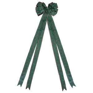 10 in. W L Green and Black Plaid 16 Loop Christmas Bow Decoration