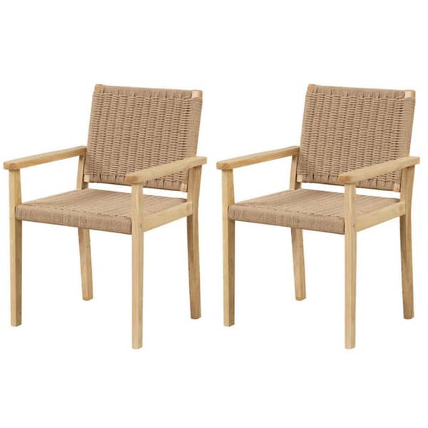 Set of 2 Natural Brown Wood Frame Patio Outdoor Dining Chairs with Comfortable Backrest and Paper Rope Woven Seat