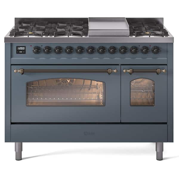 ILVE Nostalgie II 48 in. 8-Burner Plus Griddle Double Oven Natural Gas Dual Fuel Range in Blue Grey with Bronze Trim