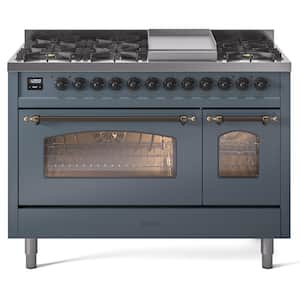 Nostalgie II 48 in. 8-Burner Plus Griddle Double Oven Liquid Propane Dual Fuel Range in Blue Grey with Bronze Trim