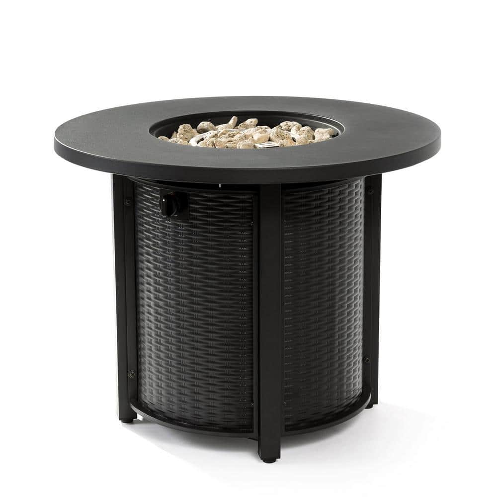32 in. Round Steel Fire Pit Table with Steel Lid and Lava Rocks