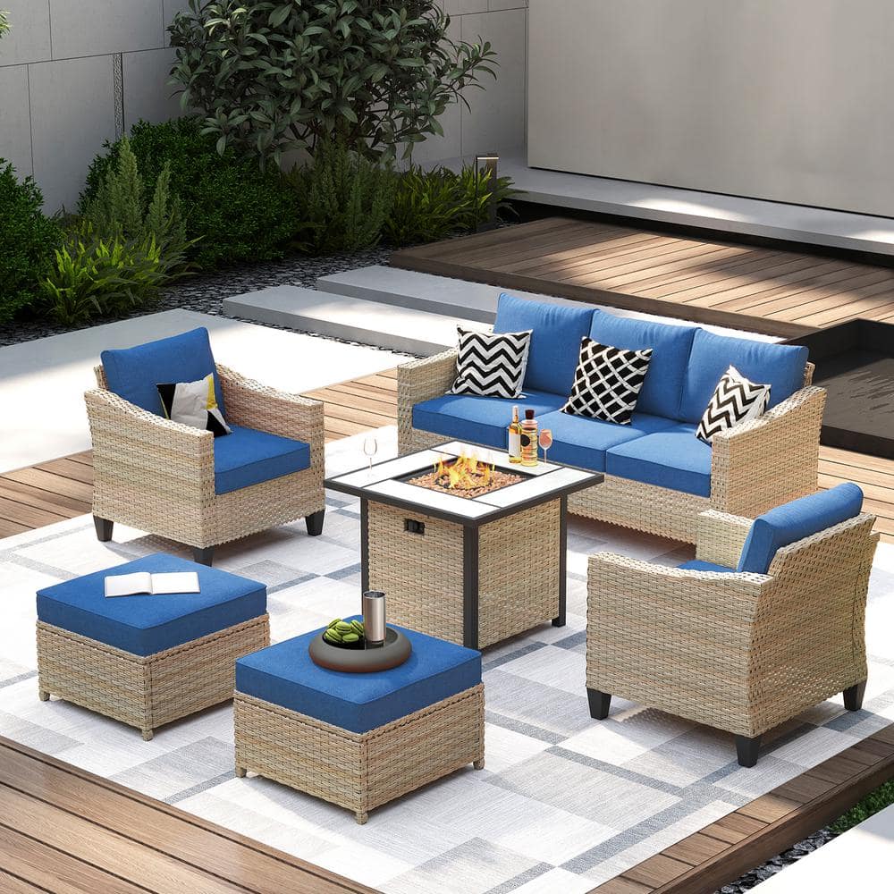 Oconee Beige 6-Piece Outdoor Patio Fire Pit Conversation Sofa Seating Set with Navy Blue Cushions -  HOOOWOOO, FP-DAR706