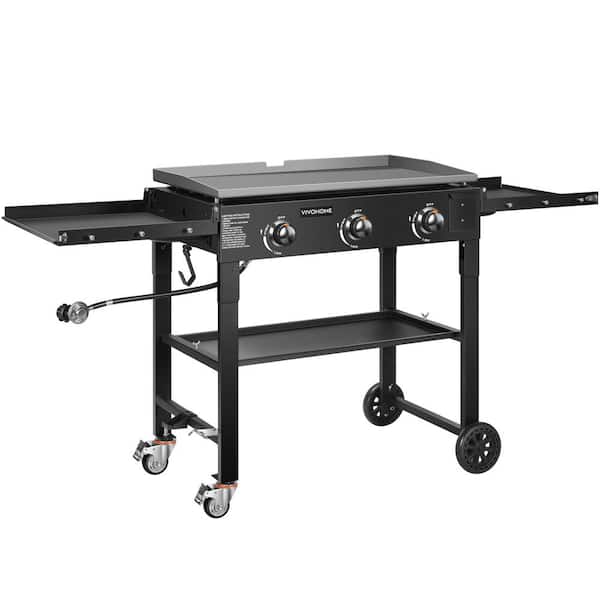 Portable 3-Burner 45,000 BTU Flat Top Propane Gas Grill in Black with Foldable Legs