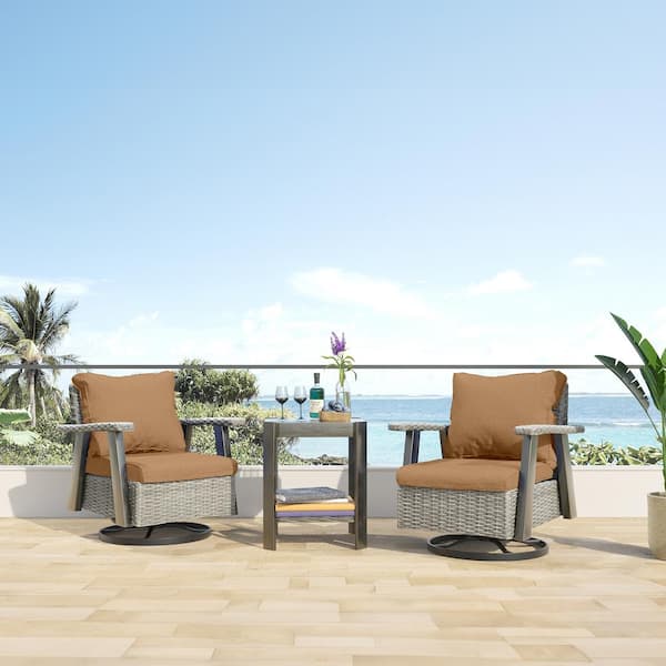 JOYSIDE 3-Piece Wicker Patio Swivel Rocking Chair Conversation Set with Tan Cushions