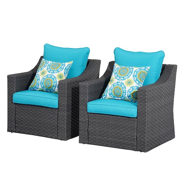 Sudzendf Black Wicker 2 Outdoor Recliner Chair with Blue Cushion