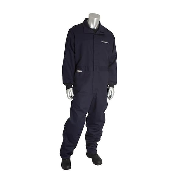 PIP Men's Large Navy Cotton/Nylon AR/FR Dual Certified Coveralls with 2-Pockets and Hook and Loop Closure, 9.2 cal/cm 2