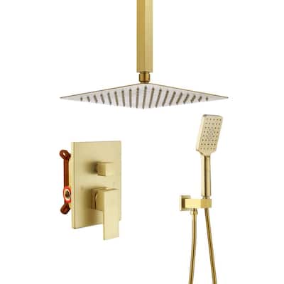 4-Spray 12 in. Ceiling Mount Dual Shower Heads 2.5 GPM Fixed and Handheld Shower Head, Brushed Gold (Valve Included)