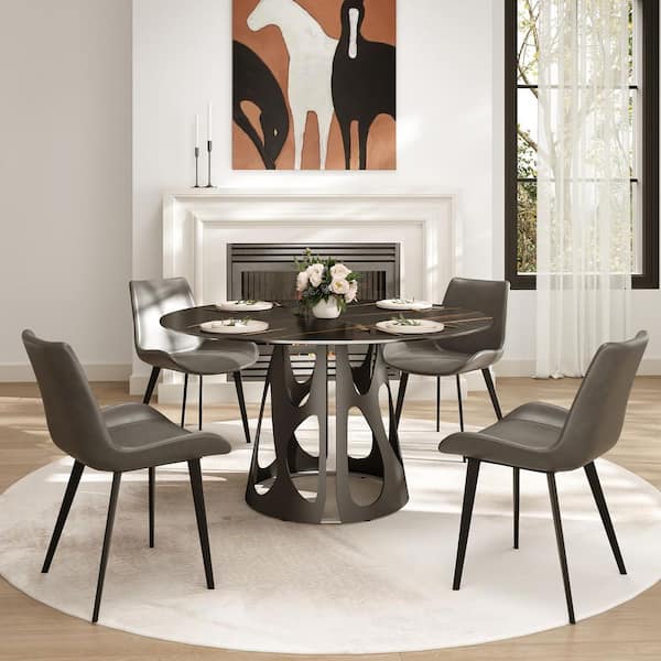 53.1 in. Black Round Sintered Stone Tabletop with Black Metal Pedestal Base Dining Table (Seats-6)