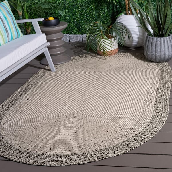 Braided 4 ft. x 6 ft. Oval Ivory/Gray Border Gradient Washable Indoor/Outdoor Area Rug