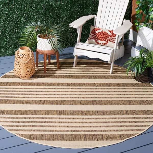 Courtyard Brown/Bone 3 ft. x 3 ft. Striped Indoor/Outdoor Round Area Rug