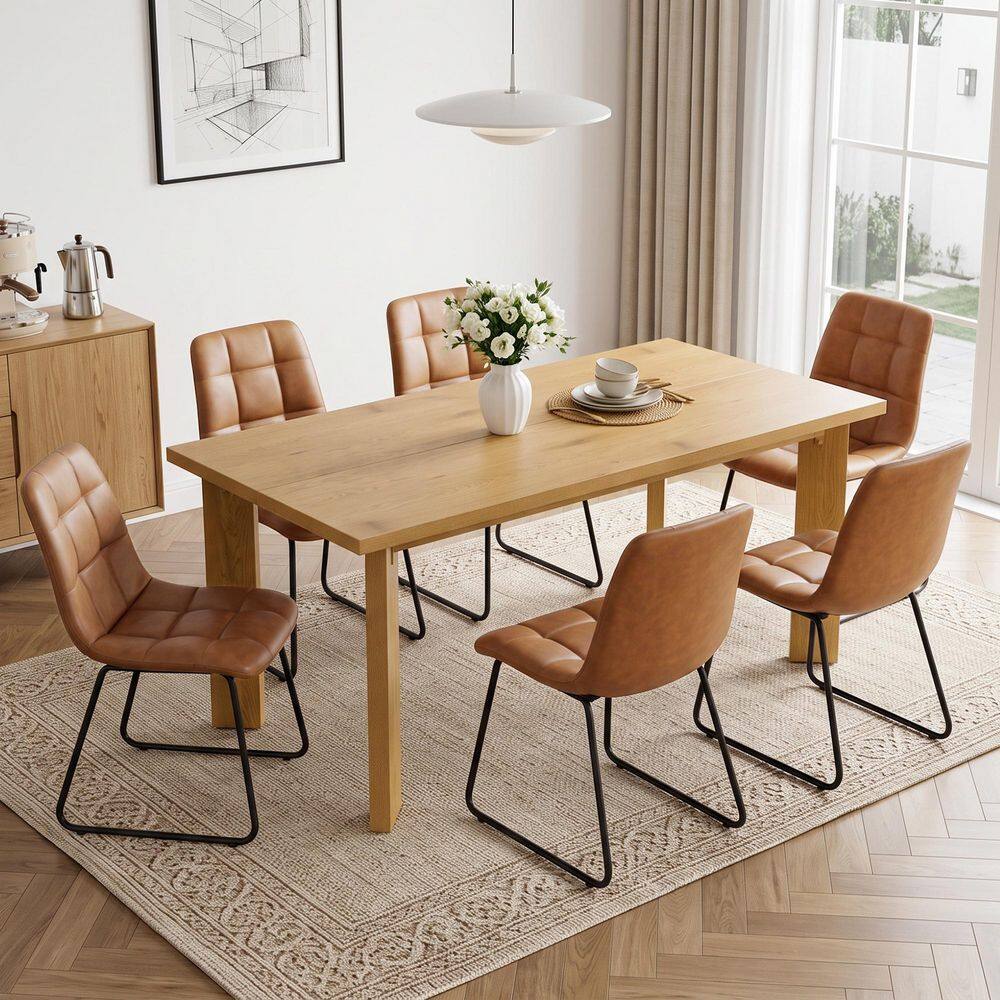 7-Pieces Modern Oak MDF Top Dining Table Set Seating 6 People with Leather Brown Chairs price history on PriceWatchPro