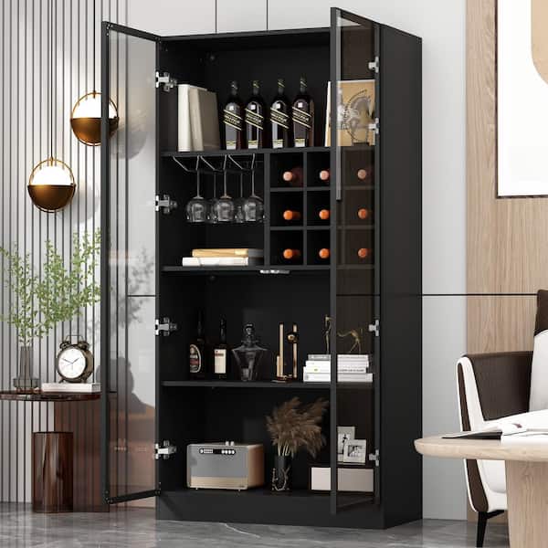 FUFU&GAGA Black Wood 31.5 in. W Display Cabinet With Pop up