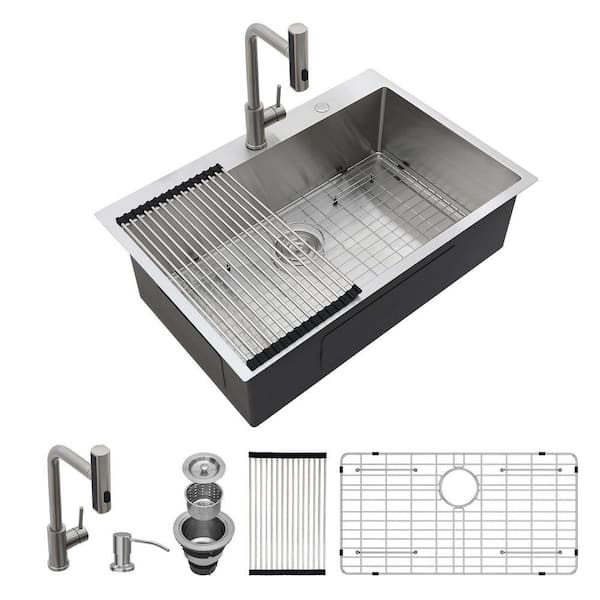 33 in. Drop-In Single Bowl 16 Gauge Stainless Steel Kitchen Sink with Faucet