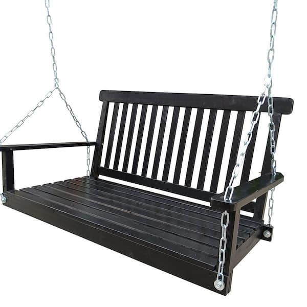  Black 2-Person Wood Patio Swing with Armrests, Solid Wood Bench Swing with Hanging Chains for Outdoor