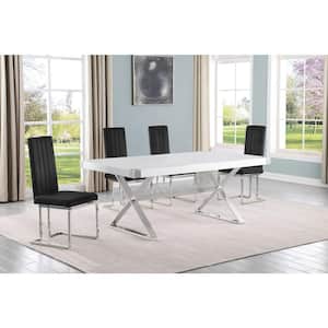 Miguel 5-Piece Rectangle White Wood Top Silver Stainless Steel Dining Set with 4 Black Velvet Chairs