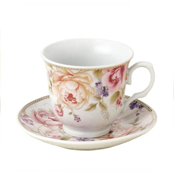 Coffee/Tea (Set On Lorren The Flower Cups White oz. Stand-Pink Depot and 8 Metal - 4) of 230-5678 Trends Home Home