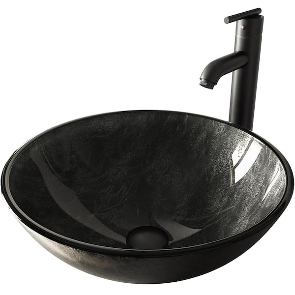 VIGO Glass Round Vessel Bathroom Sink in Onyx Gray with Seville Faucet and Pop-Up Drain in Matte Black