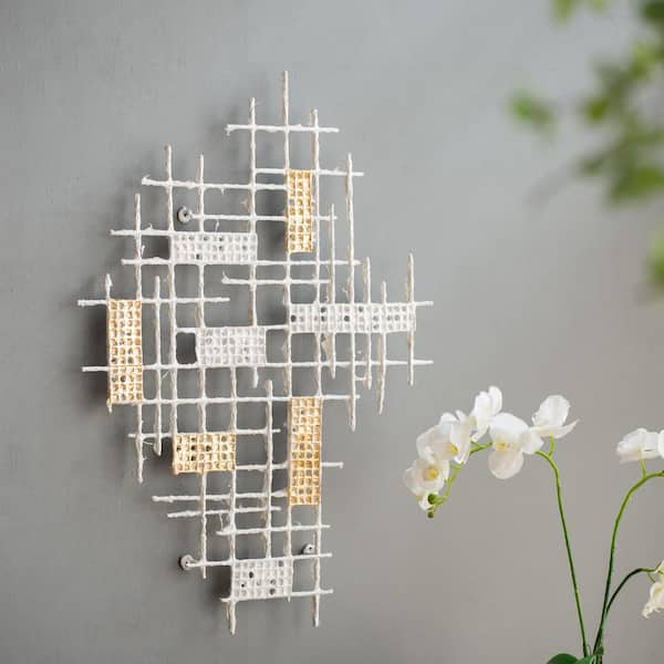 Unbranded 31.7 in. x 23.6 in. White+Gold Metal Modern Textures Grid Patterned Geometric Wall Decor for Bedroom, Living Room