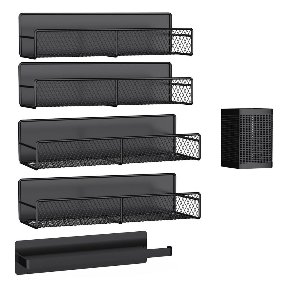 6 Piece Black Magnetic Wall Mount Kitchen Organizer Set with Spice Shelves, Paper Towel Holder, Utensil Rack