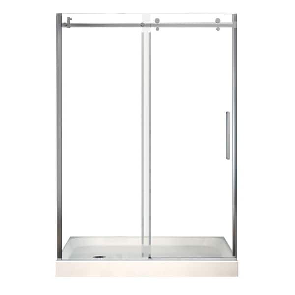 MAAX Halo 32 in. x 60 in. x 83 in. Frameless Sliding Shower Kit in Chrome with Left Drain Base in White