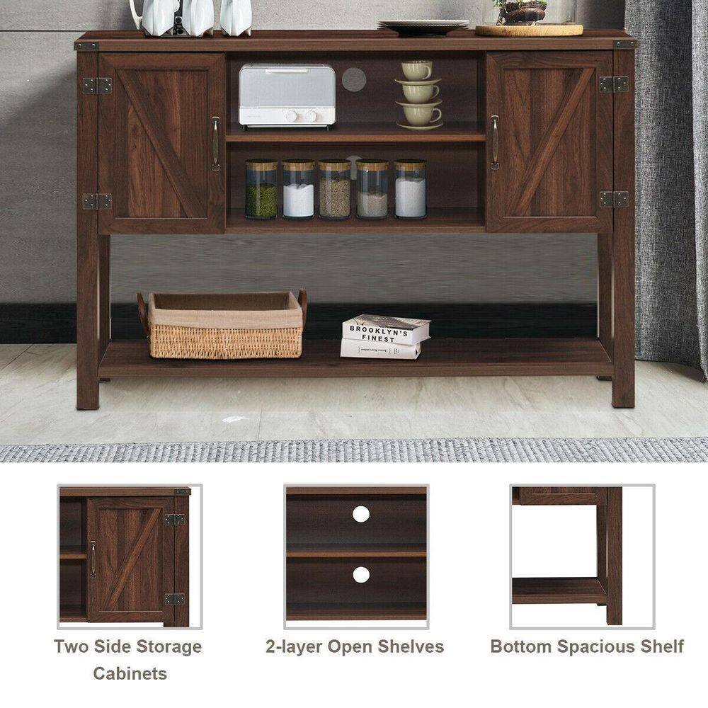 Brown Fir Wood Console Table with Cabinets and Shelves