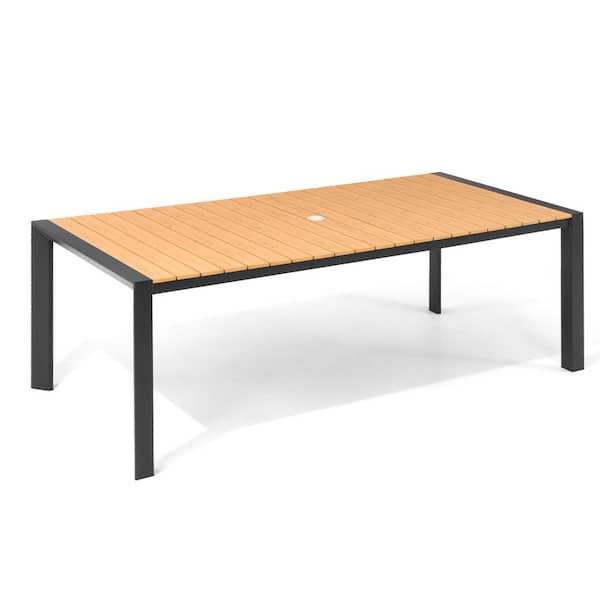 Brown 84 in. Rectangular Aluminum Patio Outdoor Dining Table with Wood-Like Tabletop and Umbrella Hole