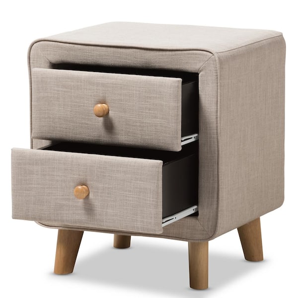 Baxton Studio Jonesy 2 Drawer Mid Century Beige Fabric Nightstand