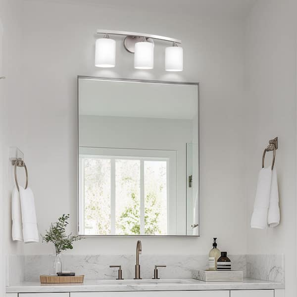 22 in. 3 Light Nickel Cylinder Vanity Light for Bathroom Bedroom with Curved Arms and White Glass Shades