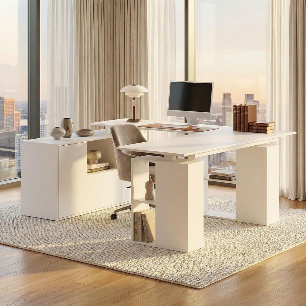 FUFU&GAGA 72.4 in. W U-Shaped White Adjustable Height Desk