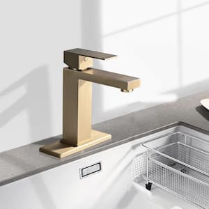 Leaf Single-Handle Single-Hole Bathroom Sink Faucet with Pop-Up Drain Deck Plate Vanity Sink Faucet in Brushed Gold