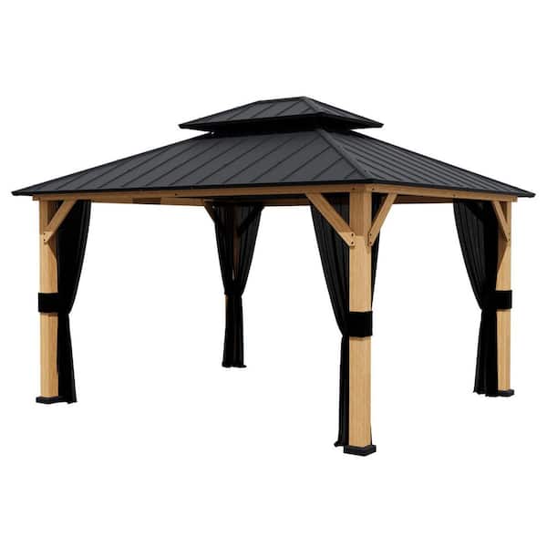 13 ft. x 11 ft. Wood Frame Outdoor Patio Hardtop Gazebo with Double Galvanized Steel Roof and Mosquito Netting