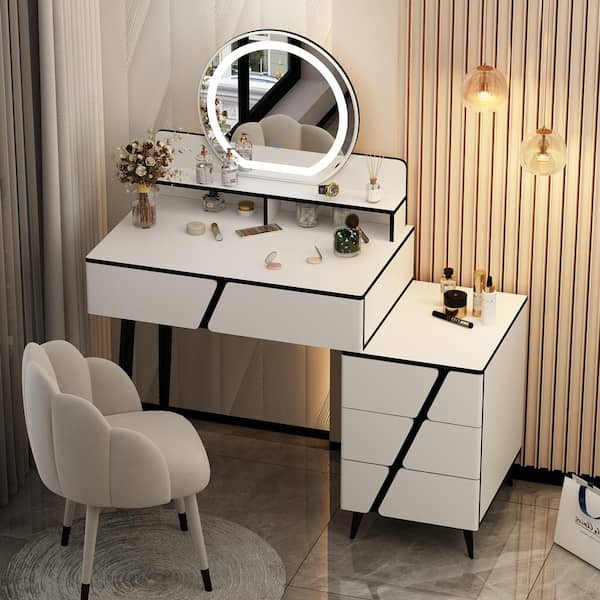 FUFU&GAGA White Modern Makeup Vanity Desk Wood Dressing Table With 3-Color LED Lighted Mirror, Reversible Drawers and Metal Legs