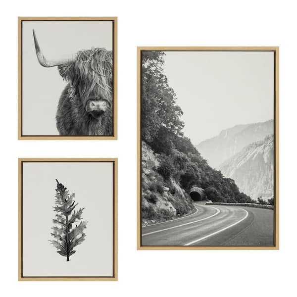 Kate and Laurel BW Highland Cow No. 1, Wandering and Vintage Botanical IV Framed Nature Canvas Wall Art Print 33 in. x 23 in. (Set of 2)