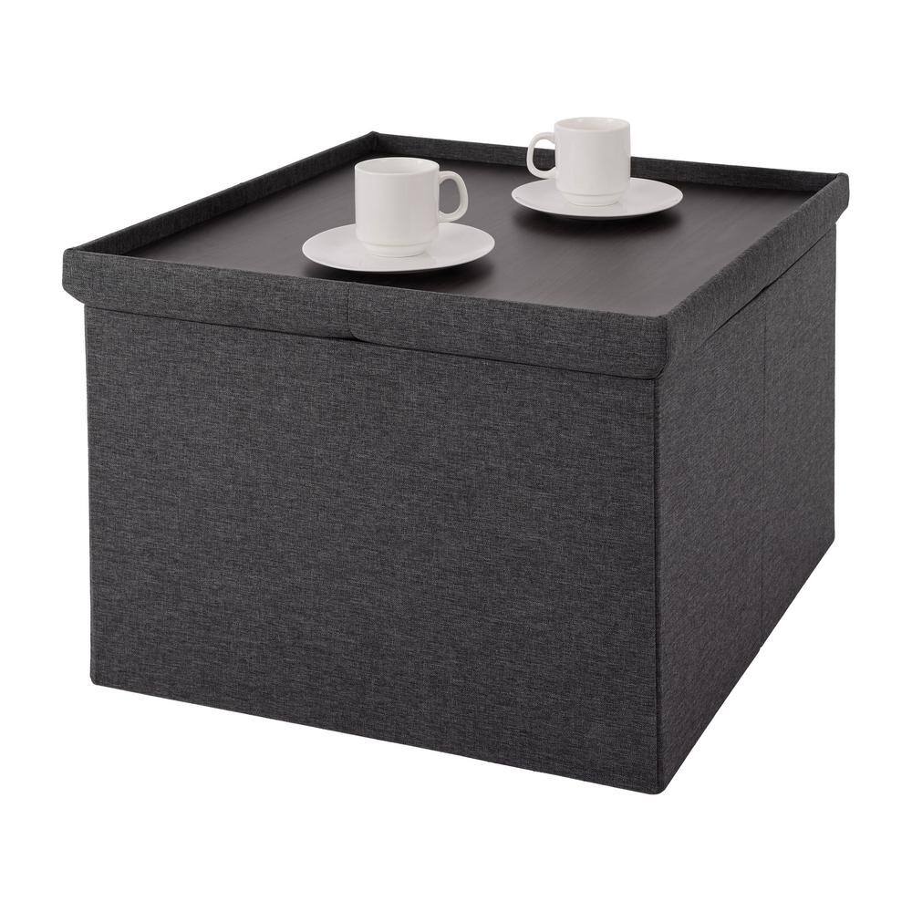 Modern Gray Cushioned Fabric Storage Ottoman with Tray