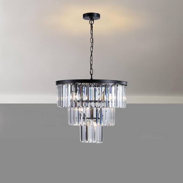Jushua 20 in. 7-Light 3-Tier Black Crystal Chandelier Frame