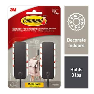 Medium Decorative Hooks, Matte Black, Damage Free Decorating, 2 Hooks and 4 Strips