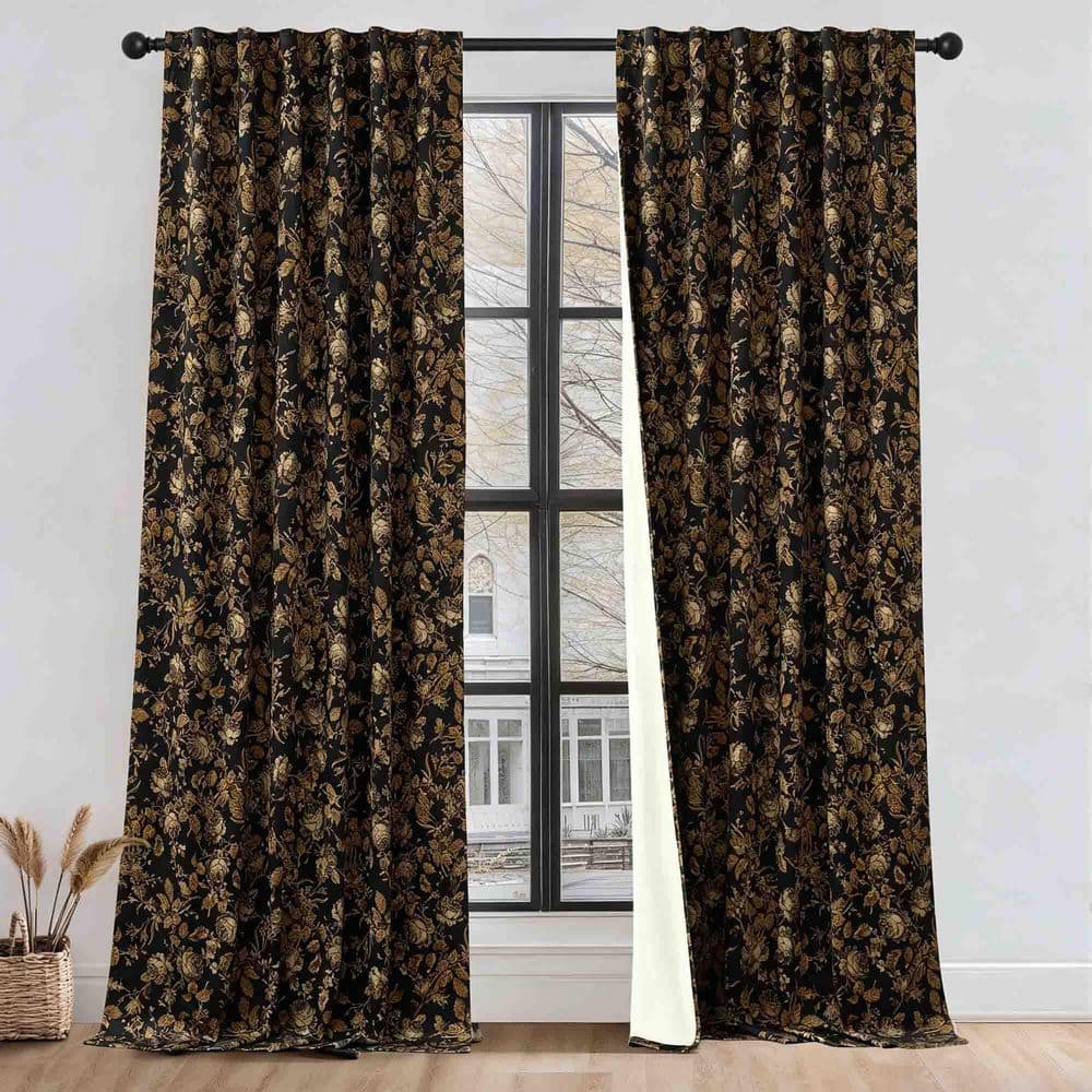 Gold Velvet Floral 52 in. W x 84 in. L Back Tab Blackout Curtain