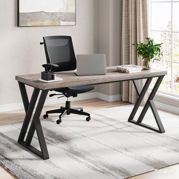 55 in. Rectangular Gray Wood Computer Desk Writing Table with Metal Legs for Home Office and Writing