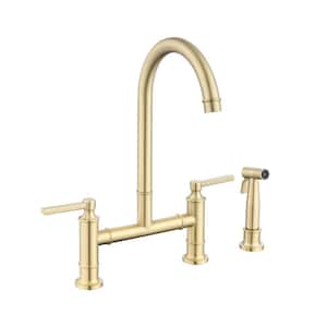 Double Handle Bridge Kitchen Faucet with Side Sprayer Commercial 3 Holes Stainless Steel Sink Faucets in Brushed Gold