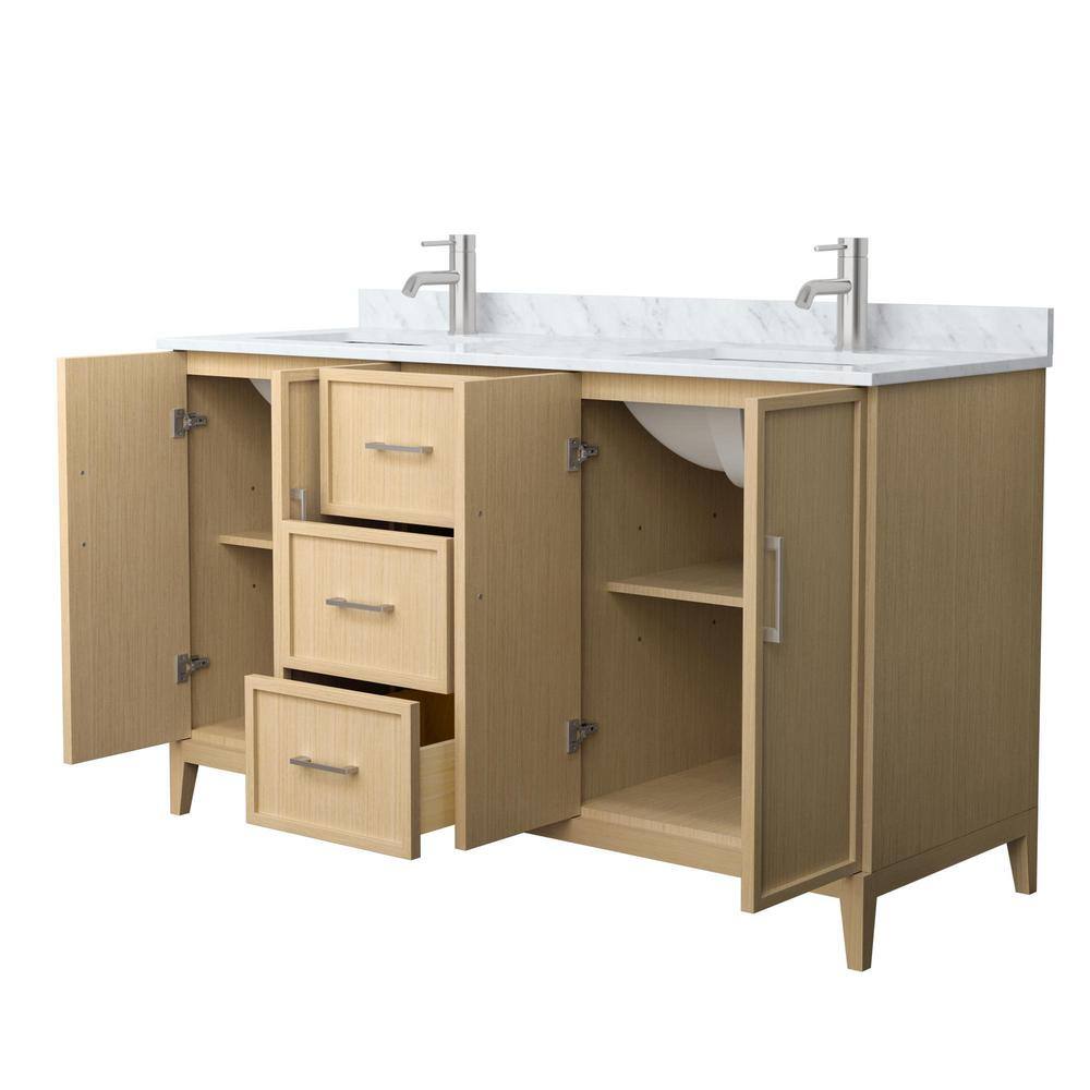 Elan 60-Inch Double Vanity with White Carrara Marble Top and Nickel Trim