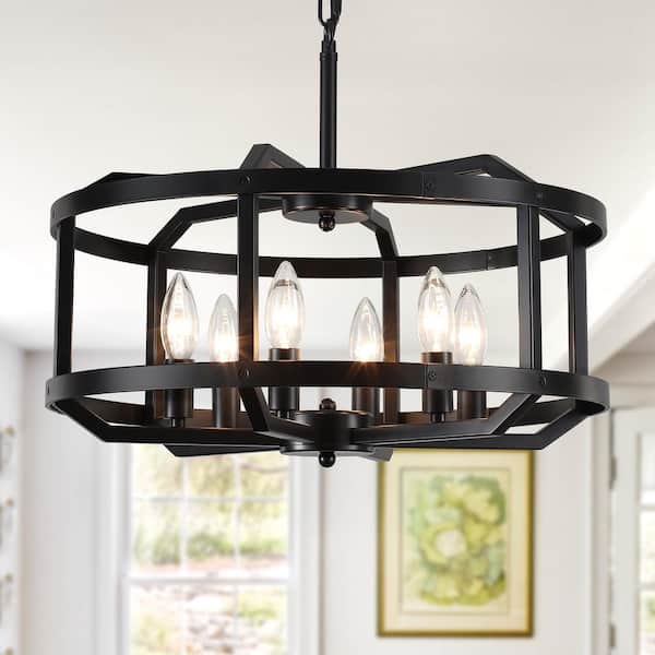 6-Light Black Farmhouse Cage Candlestick Chandelier Height Adjustable Hanging Pendant Lighting for Dining Room